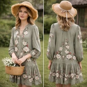 House of Harlow dress S  balloon sleeves sage green florals tiered boho cottage